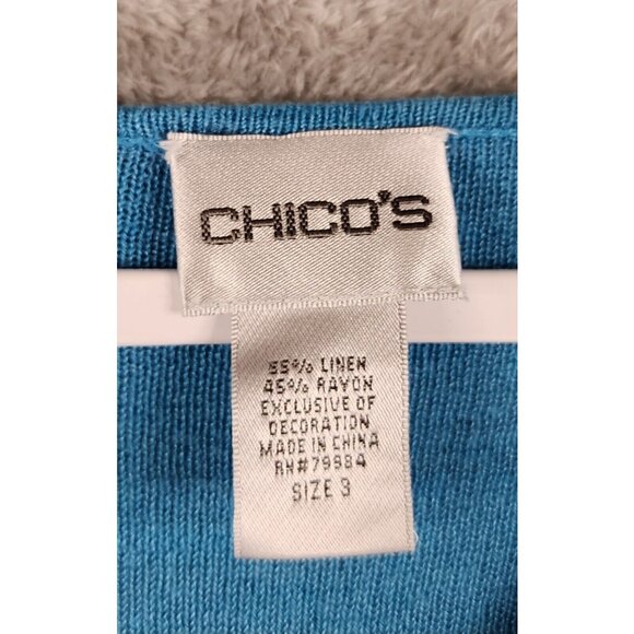 Chicos Shirt Womens 3 Blue Embroidered Linen Blend Casual Short Sleeve Blouse - Picture 3 of 10